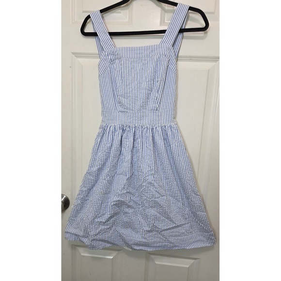 J.Crew Dresses & Skirts - J.Crew Seersucker Dress Womens XXS Blue White Striped Tie Back Cutout Pockets